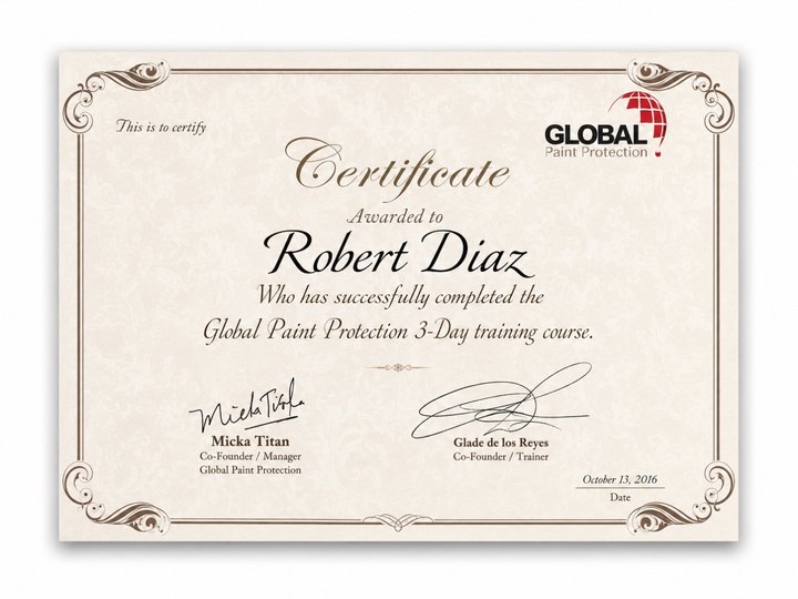 Global Paint Protection 3-Day Training certificate awarded to Robert Diaz, Completed October 13, 2016