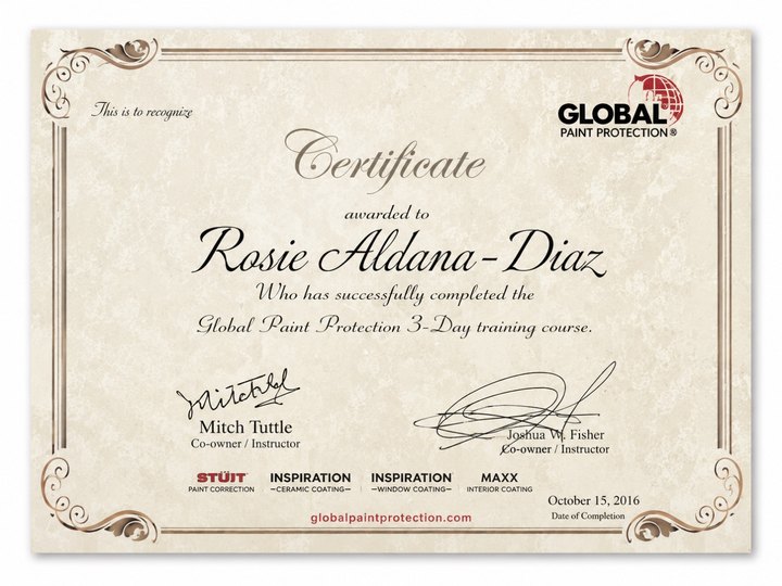 Global Paint Protection 3-Day Training certificate awarded to Rosie Aldana-Diaz, Completed October 15, 2016