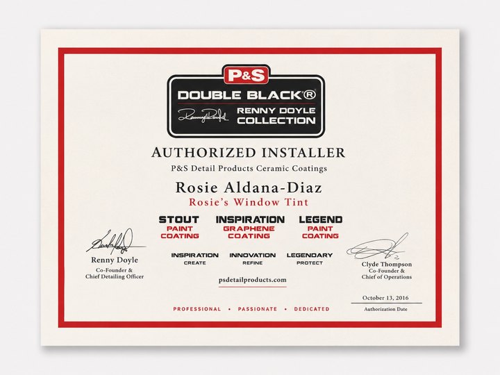 P&S Double Black Authorized Installer certificate awarded to Robert Diaz, Certified October 13, 2016