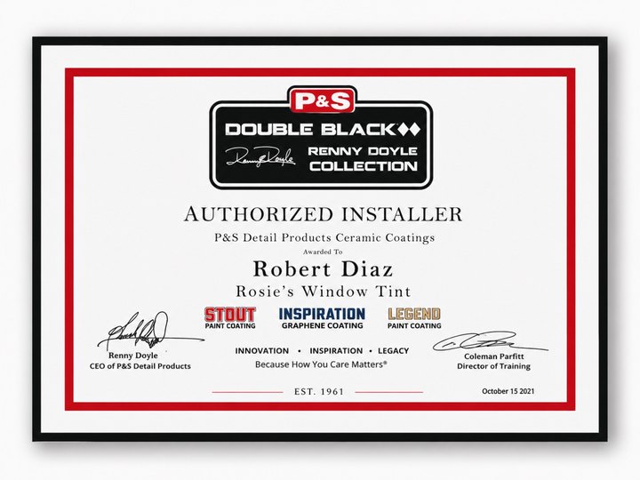 P&S Double Black Authorized Installer certificate awarded to Robert Diaz, Certified October 15, 2021