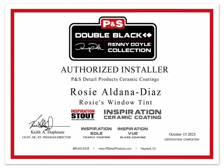 P&S Double Black Authorized Installer certificate awarded to Rosie Aldana-Diaz, Certified October 13, 2025